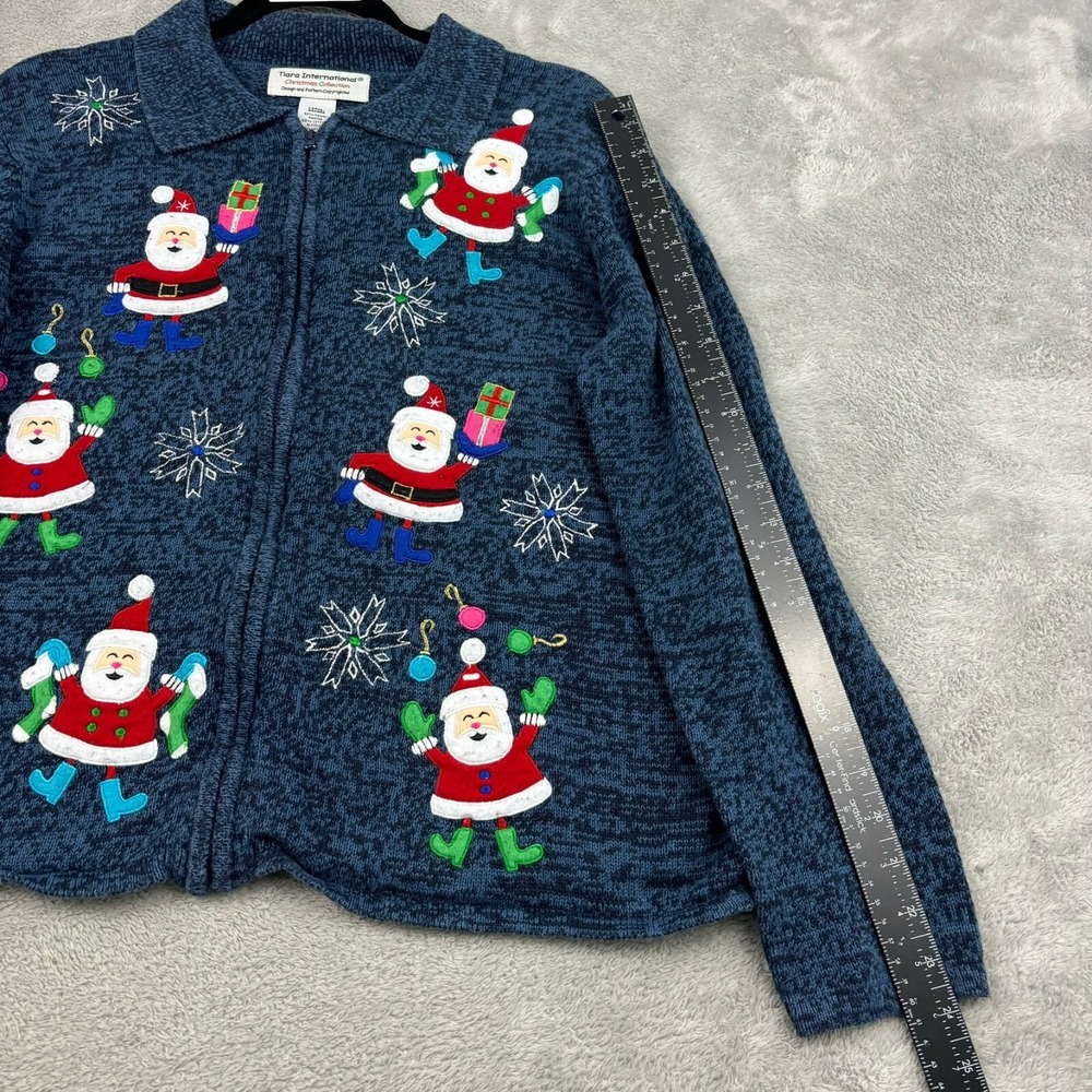 VTG Tiara International Christmas Santa Sweater Women L Blue Ramie Full Zip - Picture 12 of 16